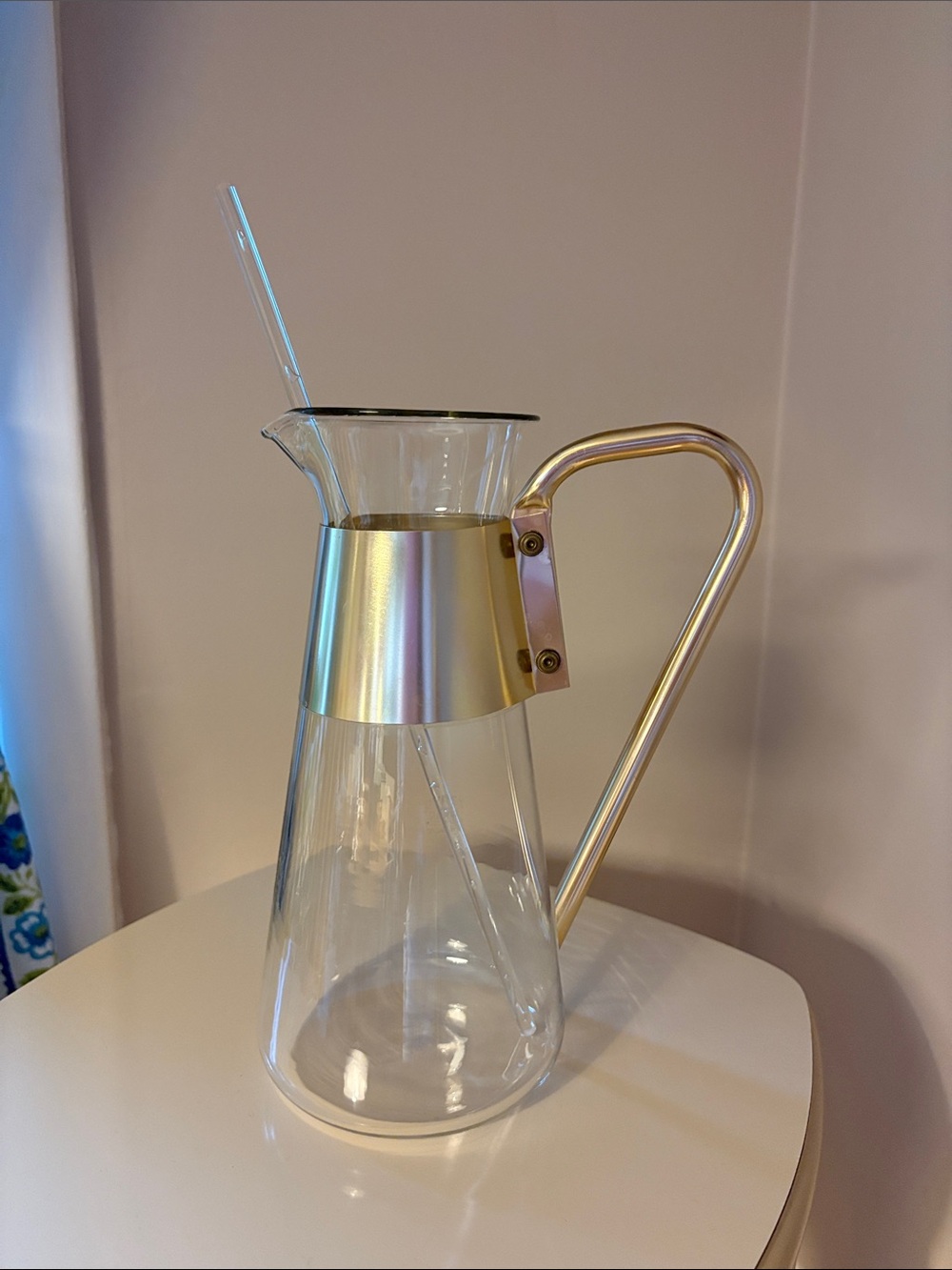 vintage mcm glass cocktail pitcher with gold handle